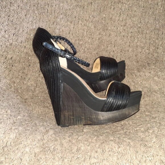 MARK & JAMES-BADGLEY MISCHKA-Roana-Black Leather Wooden Wedge Platform-Sz 5.5-NM - Picture 4 of 6